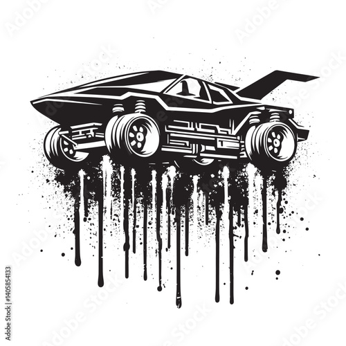 Futuristic black and white levitating vehicle with dripping paint effect