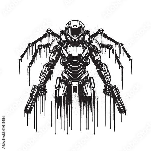 Futuristic Combat Suit Artwork with Distressed Spray Paint Style Illustration