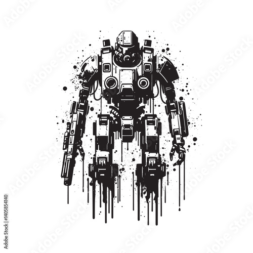 Futuristic Mech Suit illustration in stencil style with dripping effects