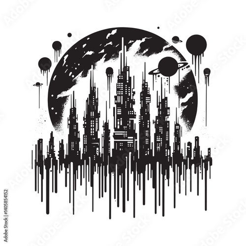 Futuristic cityscape on distant planet backdrop in stark monochrome