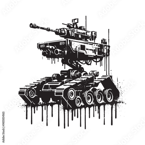 Futuristic Robotic Combat Vehicle with Grungy Stencil Spray Paint Effect