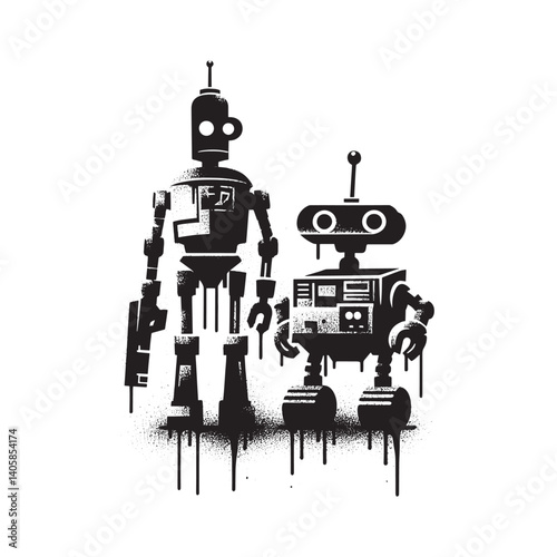 Futuristic robot duo in flat stencil art with dripping spray effects