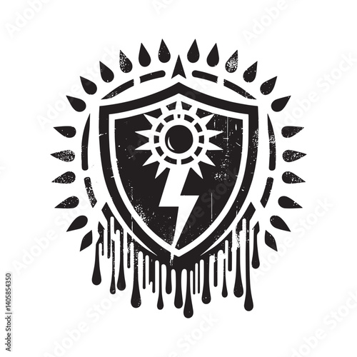 Grunge energy shield with sun and lightning bolt design, isolated on white