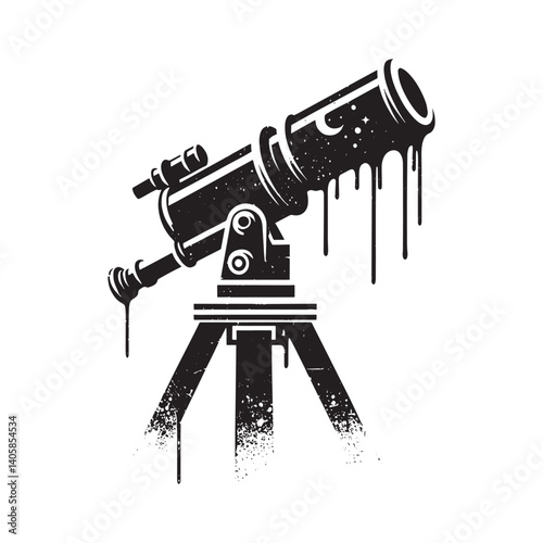 Grunge telescope illustration with dripping spray paint effect, minimalist vector art