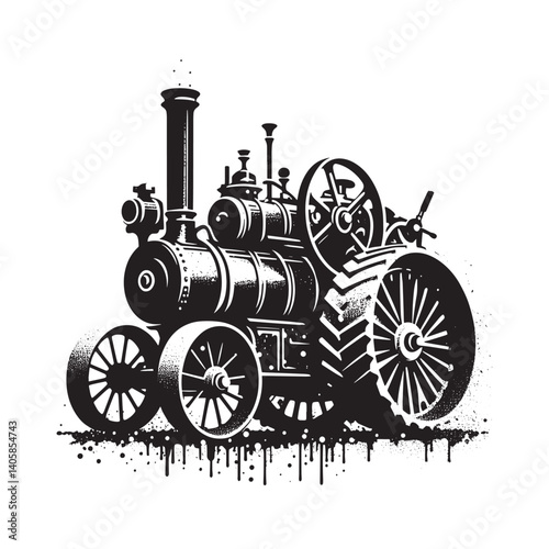 Grungy Steam Tractor Illustration in Stencil Style with Spray Effect