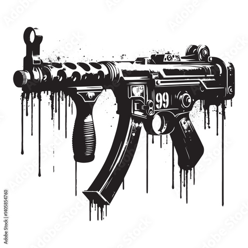 Grungy Type 99 Light Machine Gun Illustration with Dripping Paint Style