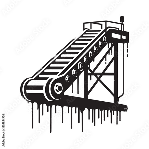 Industrial conveyor belt system in grungy stencil style, isolated on white
