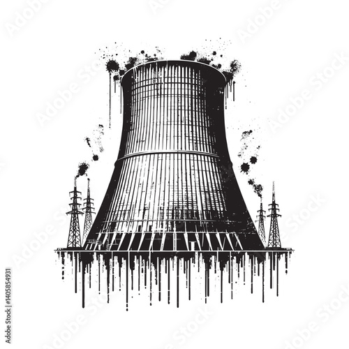 Industrial cooling tower with grunge textures and environmental concerns art