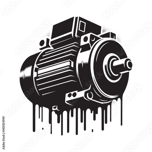 Industrial Stepper Motor Illustration with Spray Paint Effect and Grunge Style