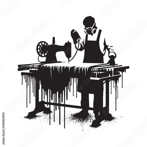 Industrial stencil silhouette artwork depicting textile worker in manufacturing process