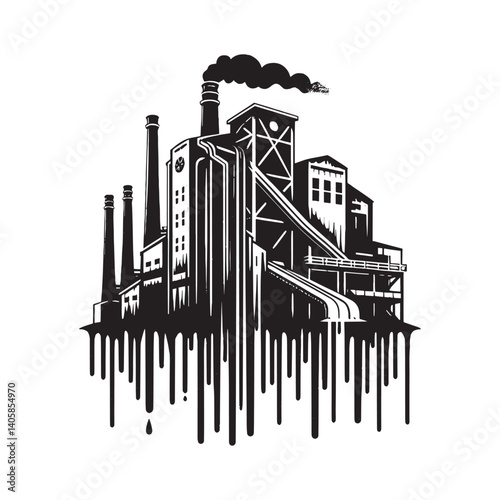 Industrial vector graphic with factory silhouette and dripping paint effect