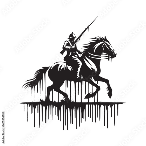 Isolated silhouette of a horseman rider, dripping monochrome, vintage grunge style