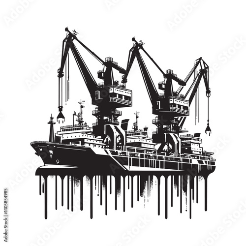 Industrial cargo ship with towering cranes illustration in stylized design