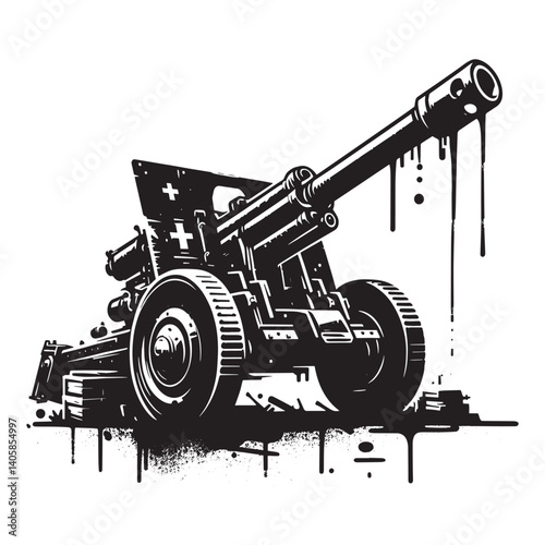 Isolated artillery illustration featuring stencil style and grunge elements