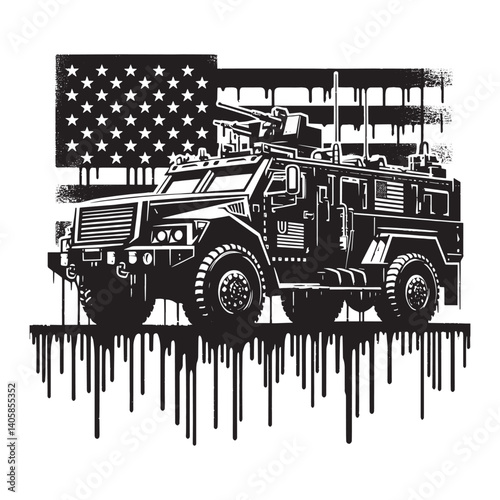 Military armored vehicle silhouette against usa flag dripping paint style art