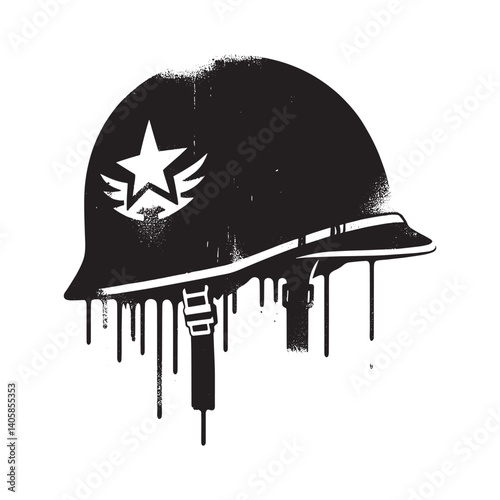 Military helmet icon artwork with grungy spray paint effect on white background