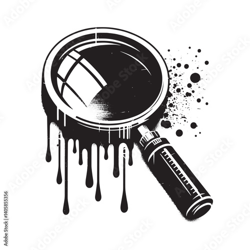 Magnifying glass dripping paint monochrome minimalist stencil vector design