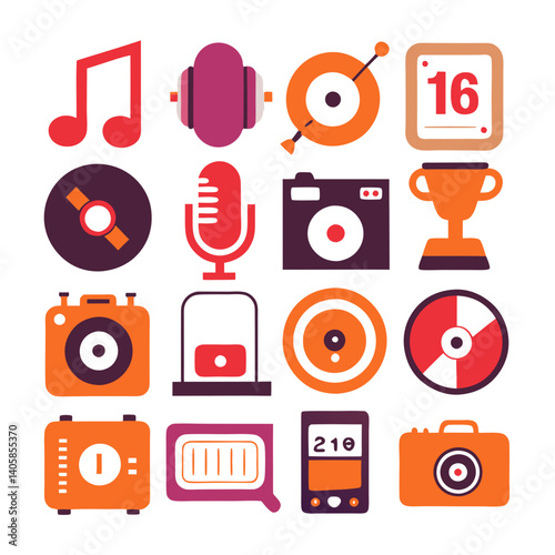 Collection of retro and colorful icons on white backdrop