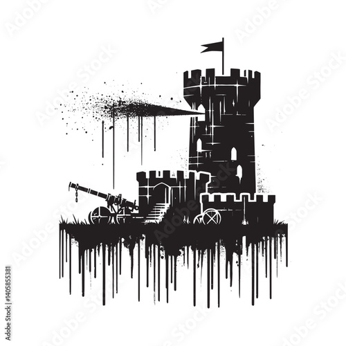 Medieval Siege Tower Illustration with Spray Paint Effect and Grunge Texture