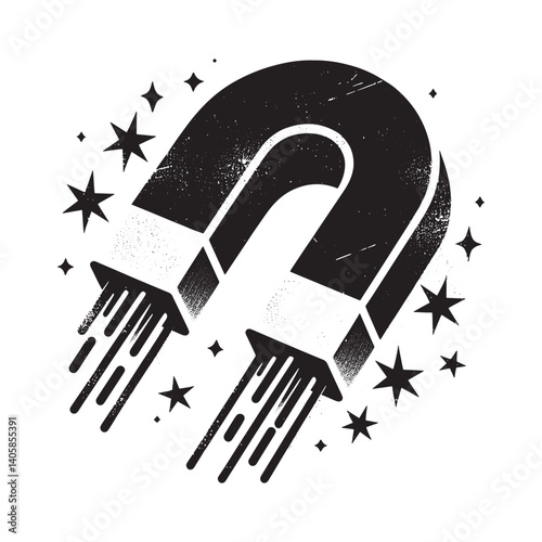 Minimalist vector illustration of a magnet with star accents in grayscale