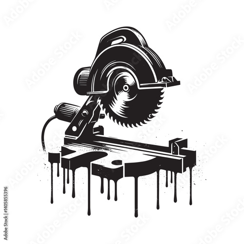 Miter Saw Illustration with Grunge and Dripping Spray Paint Effects