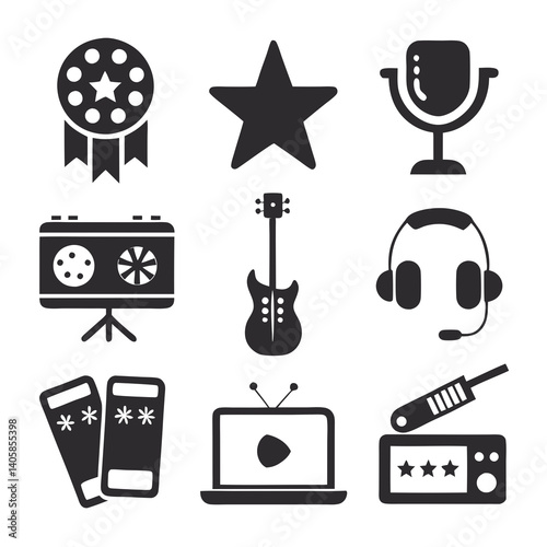 Entertainment icons: cinema, music, gaming, streaming, broadcast media