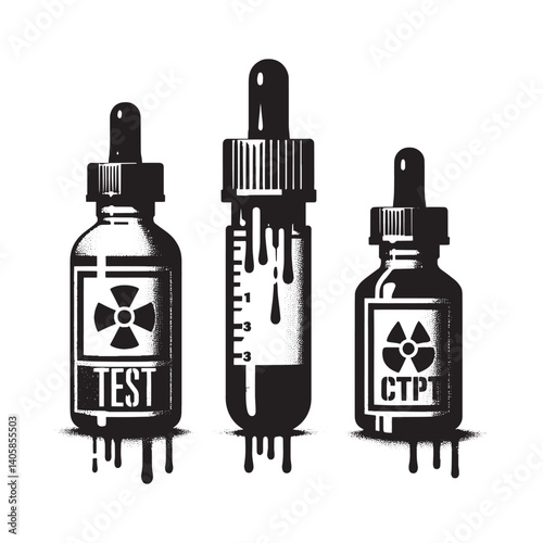 Monochromatic display of dropper bottles with hazardous substance indicators