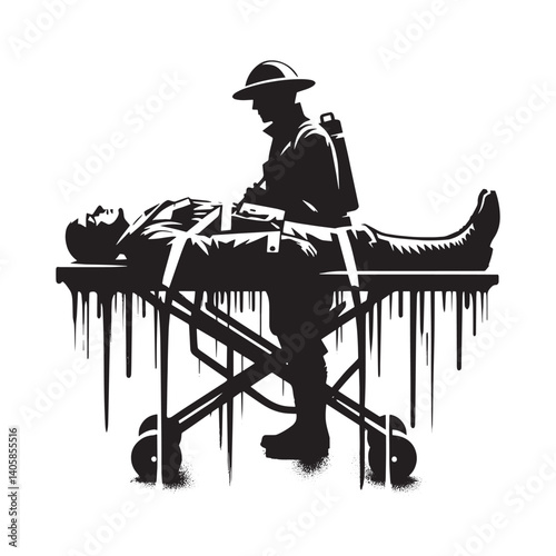 Monochromatic Depiction of Wounded Soldier and Medic in Grunge Stencil Style