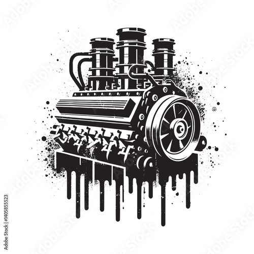 Monochromatic engine illustration with distressed textures and spray paint effect