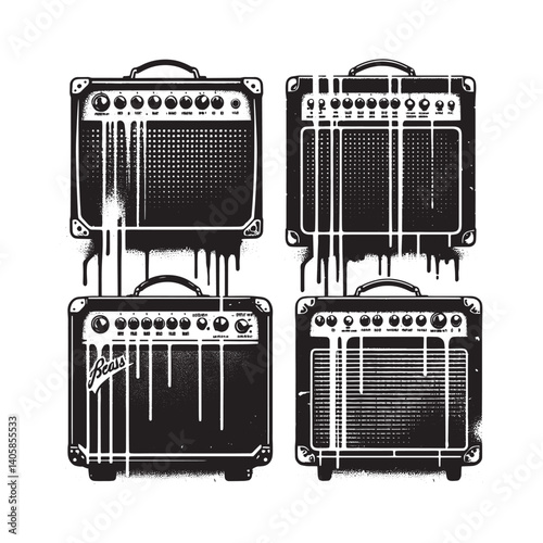 Monochromatic guitar amplifiers in distressed spray stencil vector design