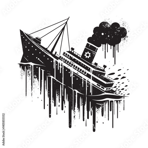 Monochromatic maritime disaster a sinking ship with smoke and drips effect
