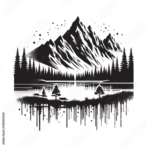 Monochromatic mountain lake landscape with grunge vector illustration