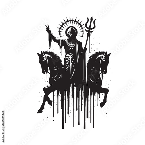 Monochromatic mythical warrior astride horses with dripping paint effect