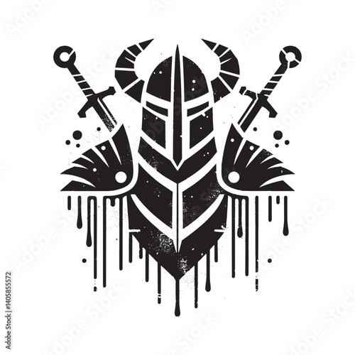 Monochromatic scale armor illustration with dripping paint effect and swords