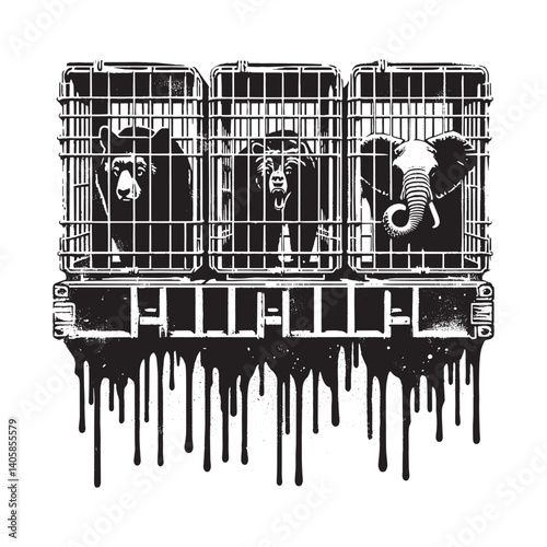 Monochromatic rendering showing wildlife species confined in transport crates