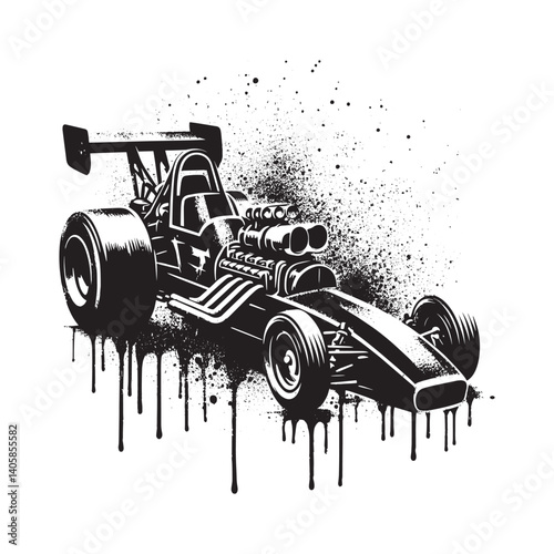 Monochromatic stencil design of a dragster with grunge elements, black and white vector