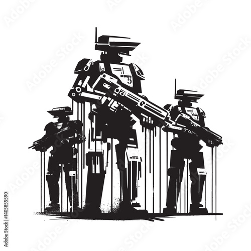 Monochromatic stencil art featuring futuristic robotic soldiers with weaponry