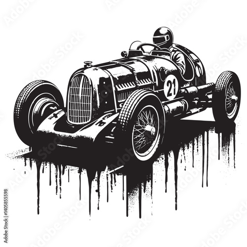 Monochromatic stencil style illustration of a vintage race car with grunge drips