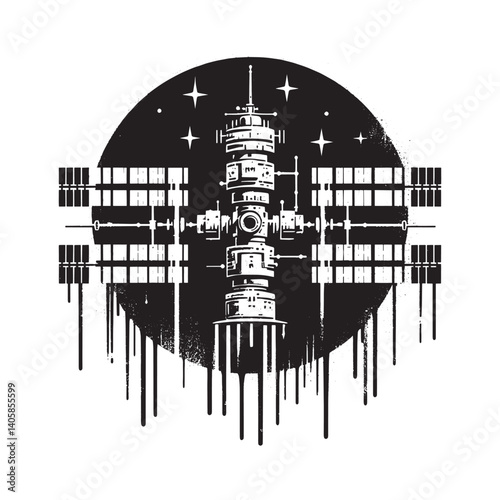 Monochromatic Space Station Illustration with Spray Paint Drips and Stars