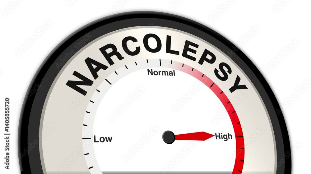 Narcolepsy text or word shown with a barometer or tachometer-style gauge, representing varying levels of sleepiness and symptoms like sudden sleep attacks