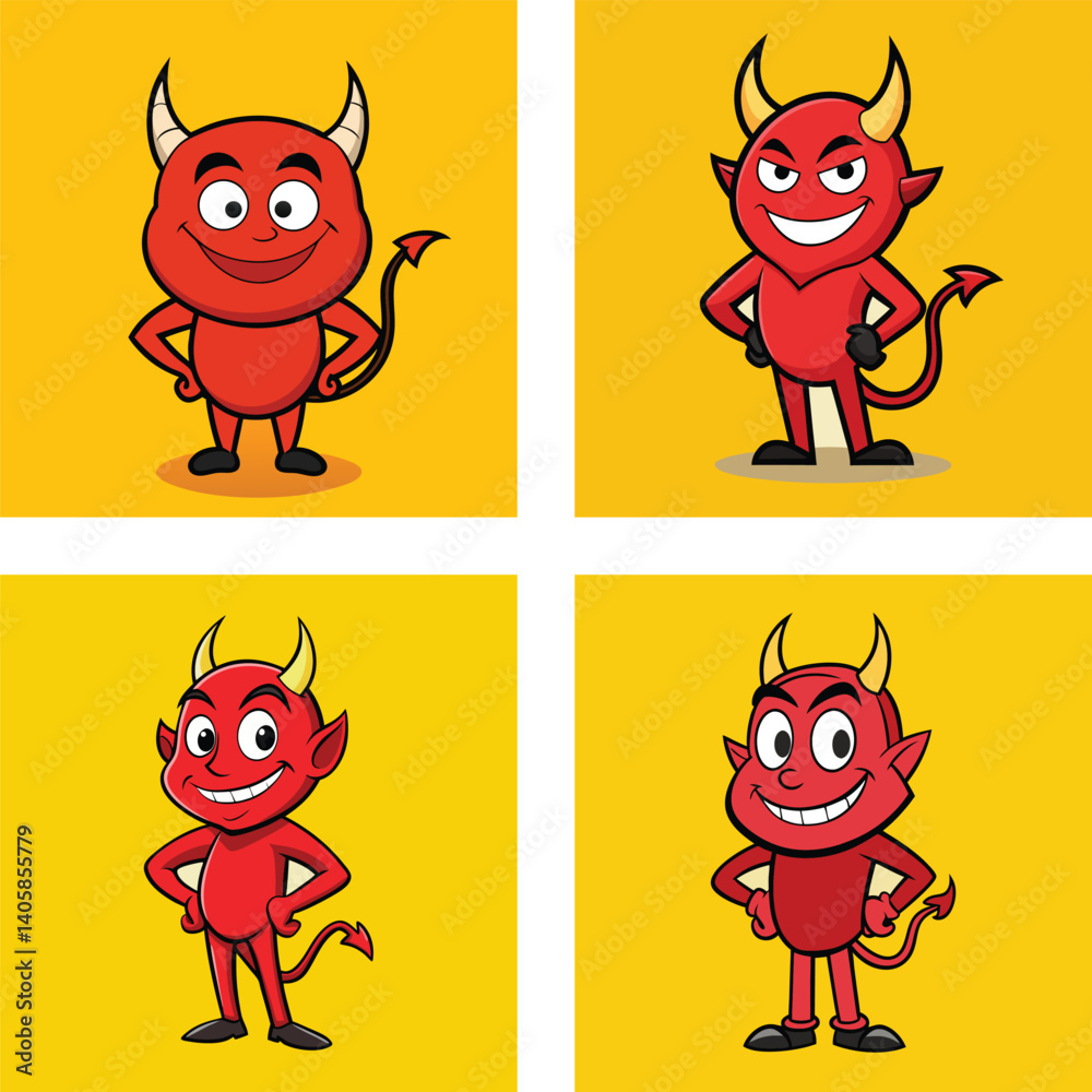 Set of cute cartoon devil characters in various poses, expressions, and stances on yellow background, vector illustration. Set of cute cartoon devil characters in various poses, expressions, and stances on yellow background, vector illustration.