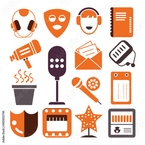 Entertainment Industry Vector Icon Set in Orange and Gray