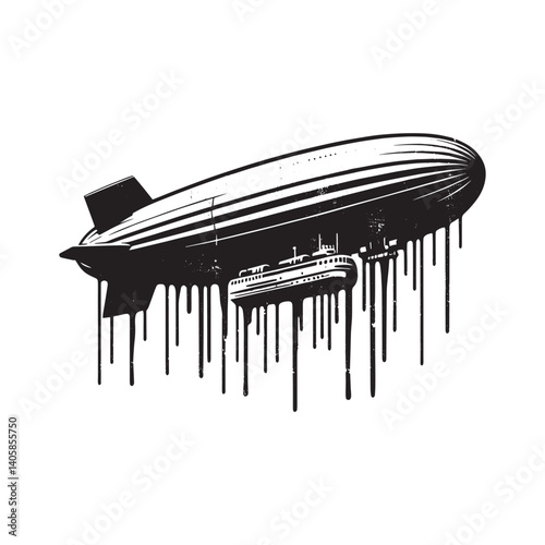 Monochrome Airship Illustration with Drip Effect Isolated on White Space