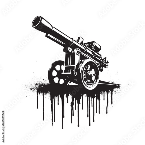 Monochrome anti-aircraft gun on isolated white background with ink splatter effect