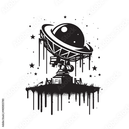 Monochrome Alien Observatory Silhouette with Spray Paint Grunge Style