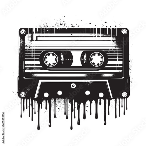 Monochrome audio cassette with dripping paint effects in grunge style