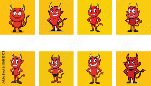 Set of cute cartoon devil characters in various poses, expressions, and stances on yellow background, vector illustration.
