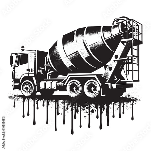 Monochrome concrete mixer truck design with dripping paint details