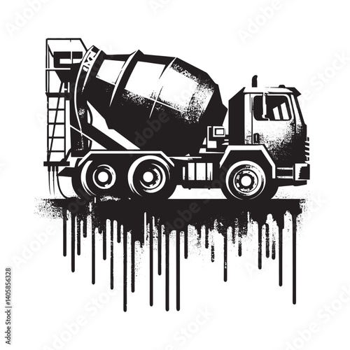 Monochrome Concrete Mixer with Spray Paint Drip Effect on White Background