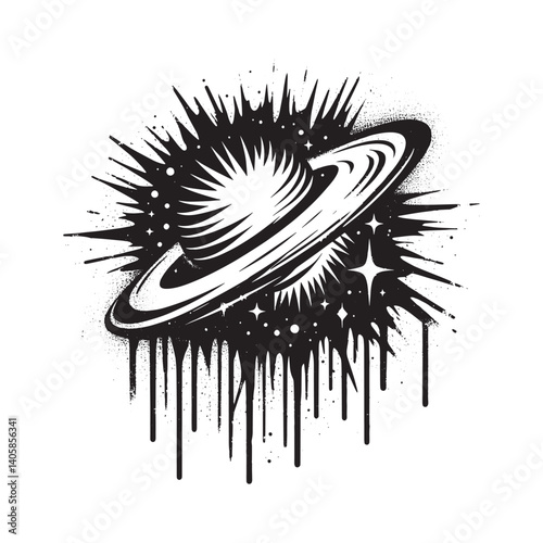 Monochrome cosmic stencil with planet rings spray paint grunge design